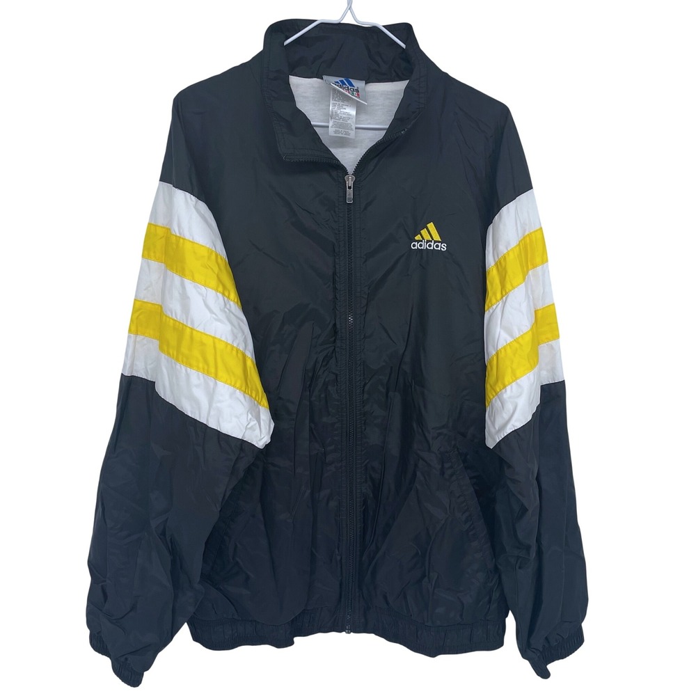 Y2K 90s 2000s Adidas‎ Full Zip Windbreaker Jacket XL Black Yellow White Striped